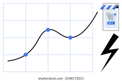 Gráfico de crecimiento con una línea de tendencia ascendente, puntos de datos azules, ícono de Carrito de compras con Botón BUY y rayo negro. Ideal para el crecimiento de negocios, comercio electrónico, ventas en línea, tendencias del mercado y digital