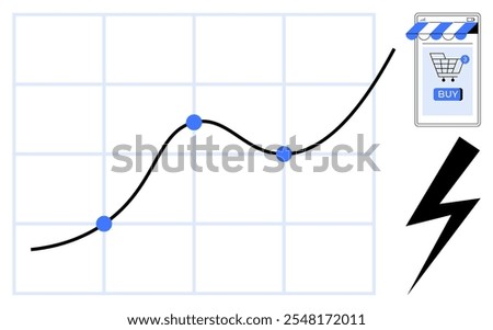 Growth chart with a trend line rising, blue data points, shopping cart icon with BUY button, and black lightning bolt. Ideal for business growth, e-commerce, online sales, market trends and digital