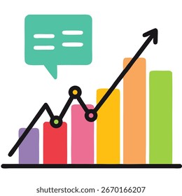 Gráfico de crecimiento con flecha hacia arriba y burbuja de chat — icono de análisis de negocios