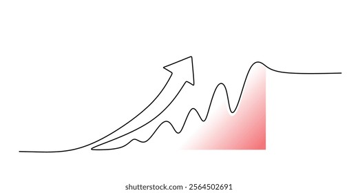 Growth chart with an upward arrow, depicted in a continuous line style, representing finance and business success. Vector illustration hand drawn.