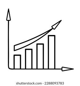 Growth chart. Vector illustration. Coordinate axis. The direction is indicated by an arrow. Outline on an isolated background. Doodle style. Sketch. Business and finance theme. 