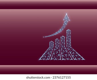 Growth chart vector image composed of grid and dots. Business illustration - graphics, growth concept, business development. Vector illustration of a business graph on a burgundy background.