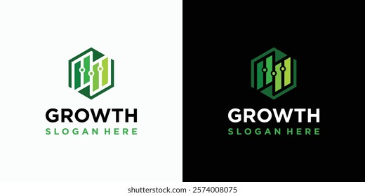 Growth chart vector logo design in hexagon shape with modern, simple, clean and abstract style. Icon for business, consulting, financial and personal branding.