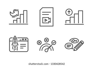 Growth chart, Video file and Correct answer icons simple set. Start business, Graph chart and Keywords signs. Diagram graph, Vlog page. Education set. Line growth chart icon. Editable stroke. Vector