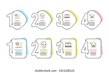 Growth chart, Web love and Face search icons simple set. Shopping sign. Diagram graph, Social network, Find user. Add to cart. Technology set. Infographic timeline. Line growth chart icon. Vector