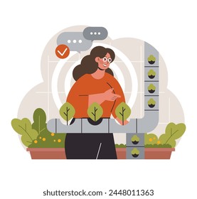 Growth in the City: A dedicated urban farmer tends to her vertical garden, ensuring flourishing greens amidst concrete. Flat vector illustration.