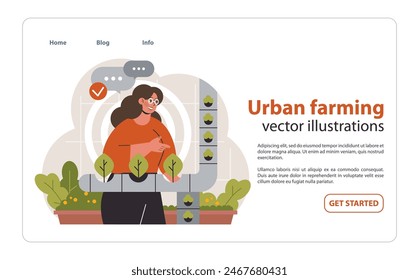 Growth in the City: A dedicated urban farmer tends to her vertical garden, ensuring flourishing greens amidst concrete. Flat vector illustration.