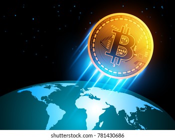 Growth of a coin. Rise bitcoin  above the earth in space