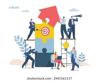 Growth of company or organization, Effective teamwork, Business people working together to complete jigsaw puzzle with unity, Team building and business concept. Vector design illustration.