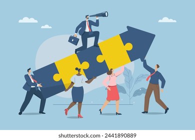 The growth of a company or organization with a far vision, Business people working together to complete jigsaw puzzle with unity, Team building and business concept. Vector design illustration.