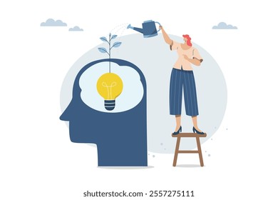 Growth concept, Businesswoman watering light bulb in businessman's head, The concept of idea growth, Development of skills or attitudes, Growth Inspiration, Flat vector design illustration.
