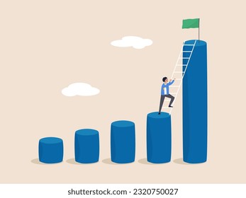 Growth concept. Effort to reach target or achieve success goal, ambition or determination to grow and reaching goal, courage, ambitious businessman climb up chart and graph to the top of high bar.