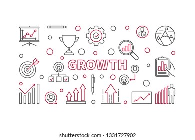 Growth concept horizontal illustration in thin line style. Vector outline banner on white background