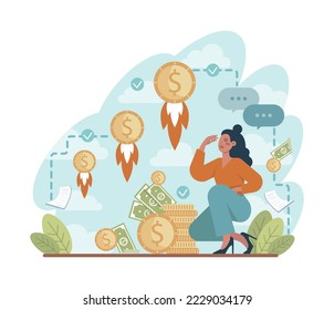 Growth concept. Idea of business achievement or personal development. Increase in wealth, investment success. Flat vector illustration