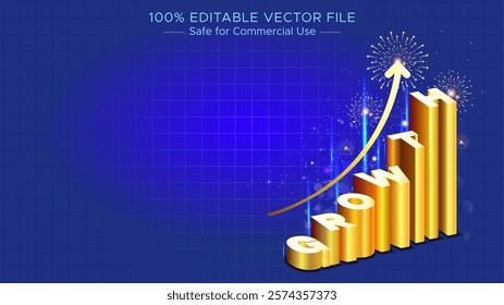 Growth concept, investment vision, aim, target, goal for business, finance and stock market. 2025 Modern 3d golden text typography on graph.