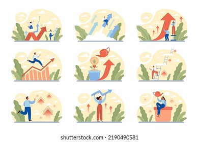 Growth concept set. Idea of business success or personal development. Arrow pointing up as symbol of progress. Flat vector illustration