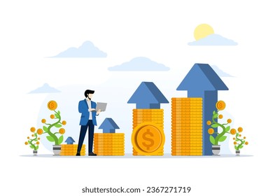 growth concept for smart investment, profit or revenue performance with stack of coins and arrow symbol, return on investment ROI. business people make investments. flat vector illustration.