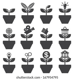 growth concept with sprout in tree pot ,money, shopping, earth, idea, camera 