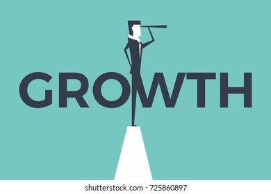 Growth concept vector illustration with business man looking through telescope from a cliff.