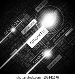 GROWTH. Concept vector illustration. Word cloud with related tags and terms. Graphic tag collection. Wordcloud collage. 