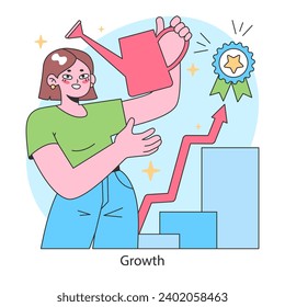 Growth concept. Woman cultivates progress, symbolized by a watering can and rising graph. Celebrating personal and professional development. Flat vector illustration.