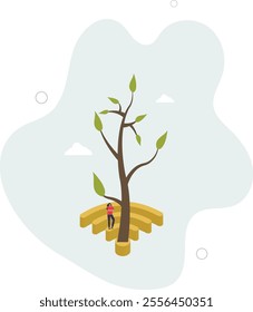 Growth in connectivity and development with technology .Business progress with internet usage and company connections.flat characters.