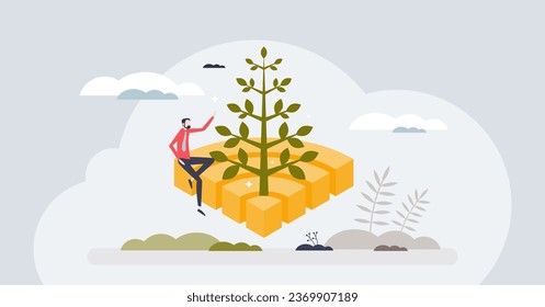 Growth in connectivity and development with technology tiny person concept. Business progress with internet usage and company connections vector illustration. Reaching top with online accessibility.