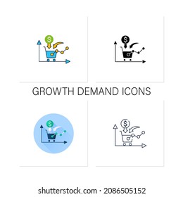 Growth consumer demand icons set. Consumers willingness and ability to purchase. Profitable buying. Business concept.Collection of icons in linear, filled, color styles.Isolated vector illustrations