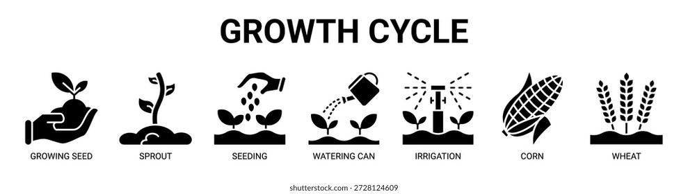 Concepto de Ilustración vectorial de ícono de Anuncio de Web de ciclo de crecimiento con ícono de cultivo de semillas, brotes, siembra, regadera, riego, maíz y trigo.