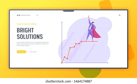 Growth Data Analysis Arrow Graph Website Landing Page, Business Man in Super Hero Cape Stand on Growing Chart, Financial Profit Statistic Diagram Web Page. Cartoon Flat Vector Illustration, Banner