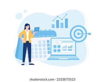 Growth data with targets and calendar trending concept flat illustration