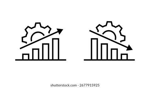 Icono de gráfico de barras de crecimiento y declive con engranaje. Símbolo de productividad, rendimiento, éxito y fracaso del negocio