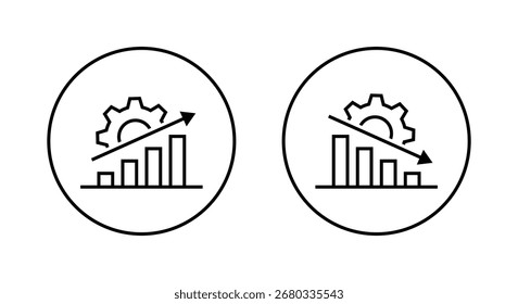 Growth and decline bar chart icon with gear. Business productivity, performance, success, and failure symbol in circular outline