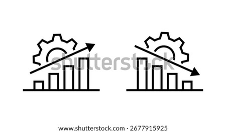 Growth and decline bar chart icon with gear. Business productivity, performance, success, and failure symbol