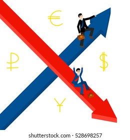 Growth, decline. Businessmen hold for growing top arrow signs. Business Men roll down arrow. Concept business and financial exchange market. Dollar, euro, ruble, yuan