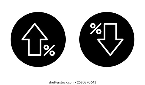 Growth and decline percent arrow outline icon on black circle. Percentage up and down sign symbol