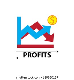 growth and declining chart showing improvement and losses of profit with arrow. vector illustration