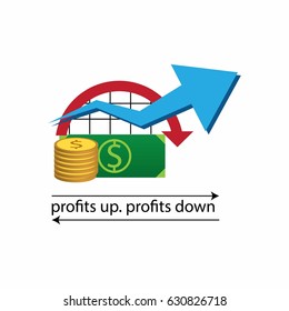 growth and declining chart showing improvement and losses of profit with arrow. vector illustration