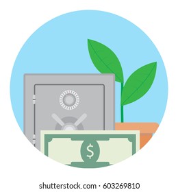 Growth deposit in bank. Protection money currency in box, vector illustration