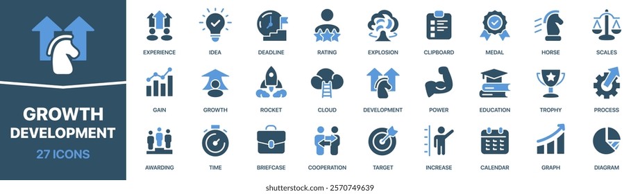 Growth and development colored signed icon collection. Rocket, success, target, cooperation icons. UI icon set. Colored icons pack. Vector illustration EPS10