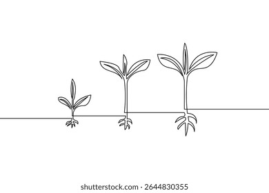 Conceito de crescimento e desenvolvimento representado com desenho em linha contínua de três plantas em crescimento ilustrando estágios de vida