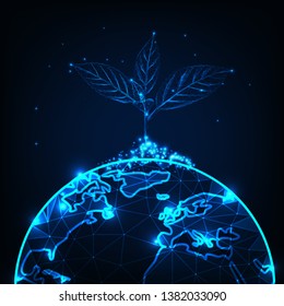 Growth and development concept with glowing low polygonal plant sprout planted on the planet earth globe on dark blue background. Futuristic wireframe design vector illustration.