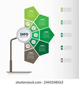 Growth and development of ecosystem. Info graphic with 5 parts. Energy saving and environmental protection,
