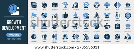 Growth and development fill icon collection. Includes progress, success, motivation, achievement, education, and business growth symbols. Created in colored style