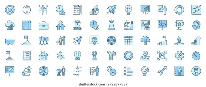Wachstumsentwicklung Web-Icons in Linie Design gesetzt. Duotone Piktogramm Paket von Ziel, Führung, Kommunikation, Erfolg, Start-Start, Brainstorming, mehr Umriss Schlaganfall Zeichen. Vektorgrafik.