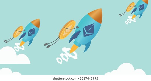 Growth of digital currencies rate, vector icons coin ether, rocket. Investments in cryptocurrency, startup, profit, risk, income growth