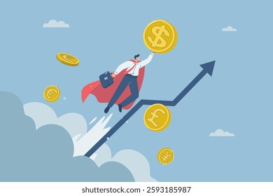 The growth of the dollar price, The increase in value, Inflation, Concept of dollar growth, Finance, Investment, Global currencies, Male investor holding a dollar coin flying up in the sky.