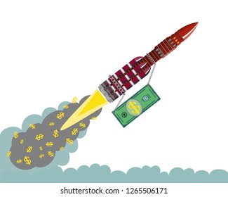 Сoncept of growth of the dollar. Rocket carries the dollar up