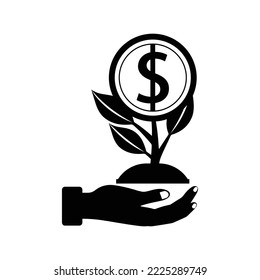 Growth dollar tree hand icon | Black Vector illustration |