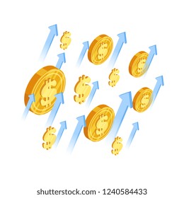 Growth dollar vector concept. Arrows and dollar coins isometric illustration